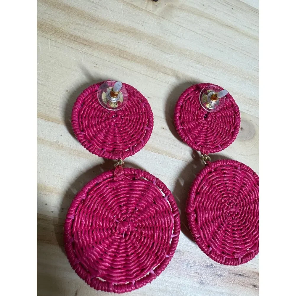Tuckernuck Pink Raffia Gemstone Drop Earrings Woven Boho